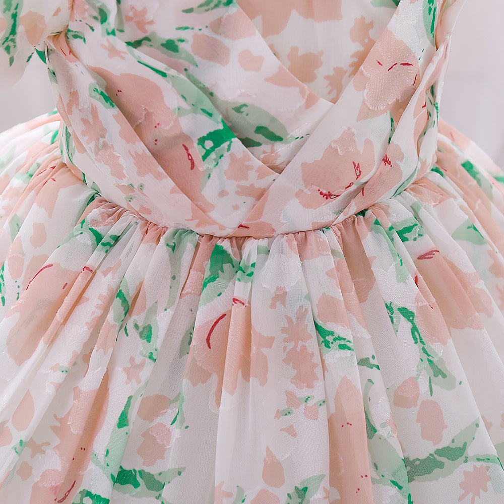 Girls Pink & Green Floral Print Puff Sleeves A-Line Dress