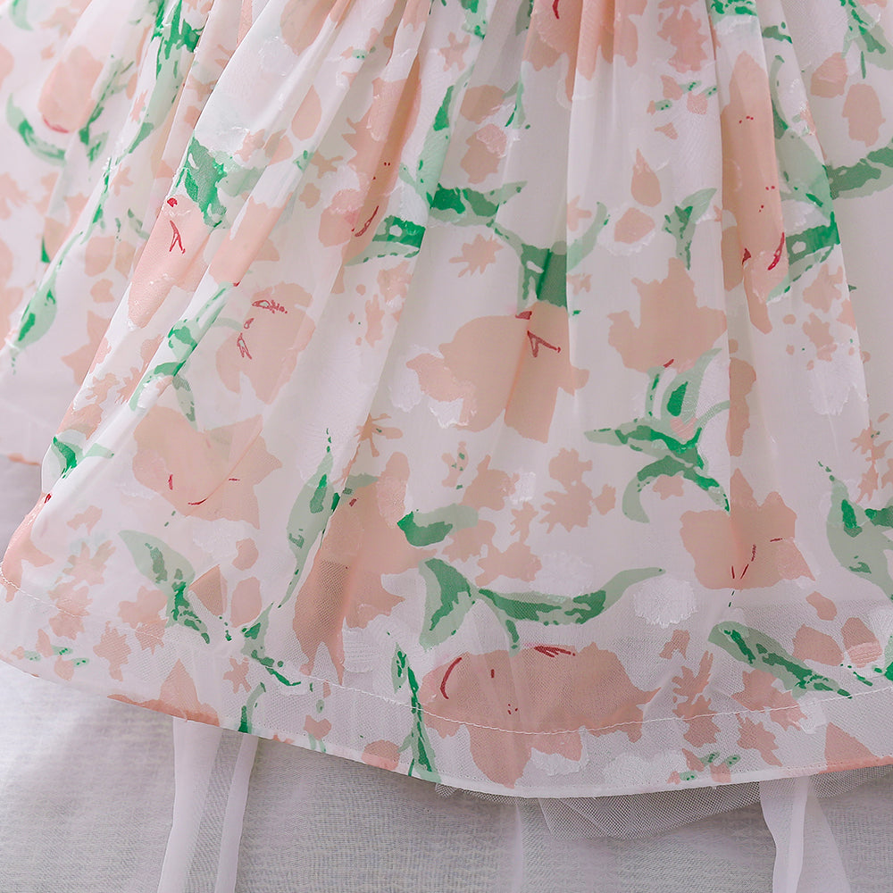 Girls Pink & Green Floral Print Puff Sleeves A-Line Dress