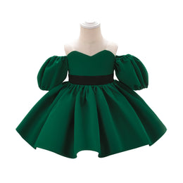 Green Infant Girls Off-Shoulder Puff Sleeve Balloon Mini Dress