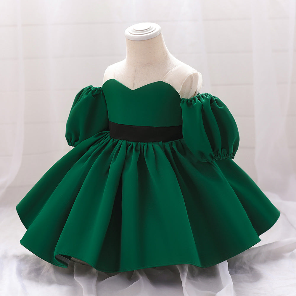 Green Infant Girls Off-Shoulder Puff Sleeve Balloon Mini Dress