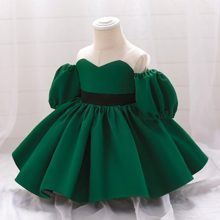 Green Infant Girls Off-Shoulder Puff Sleeve Balloon Mini Dress