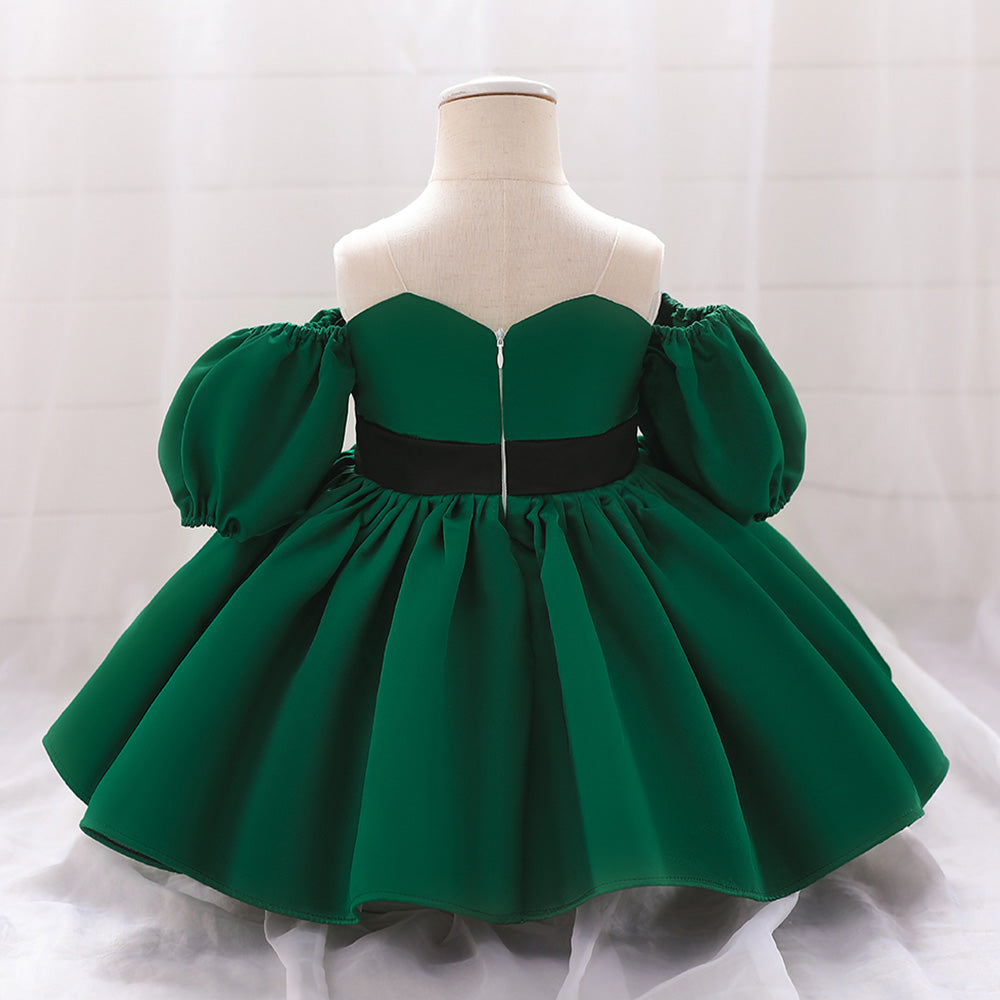 Green Infant Girls Off-Shoulder Puff Sleeve Balloon Mini Dress
