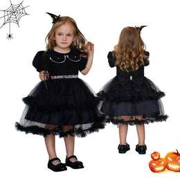 Black & vampire black Embellished Puff Sleeve Ruffled Fit & Flare Dress