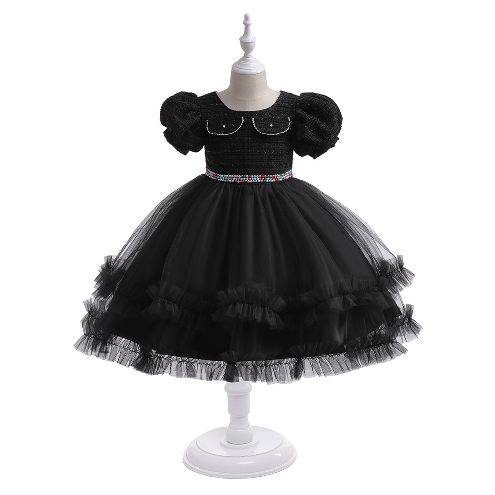 Black & vampire black Embellished Puff Sleeve Ruffled Fit & Flare Dress