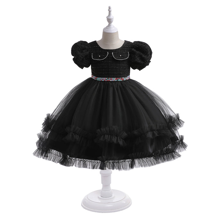 Black & vampire black Embellished Puff Sleeve Ruffled Fit & Flare Dress