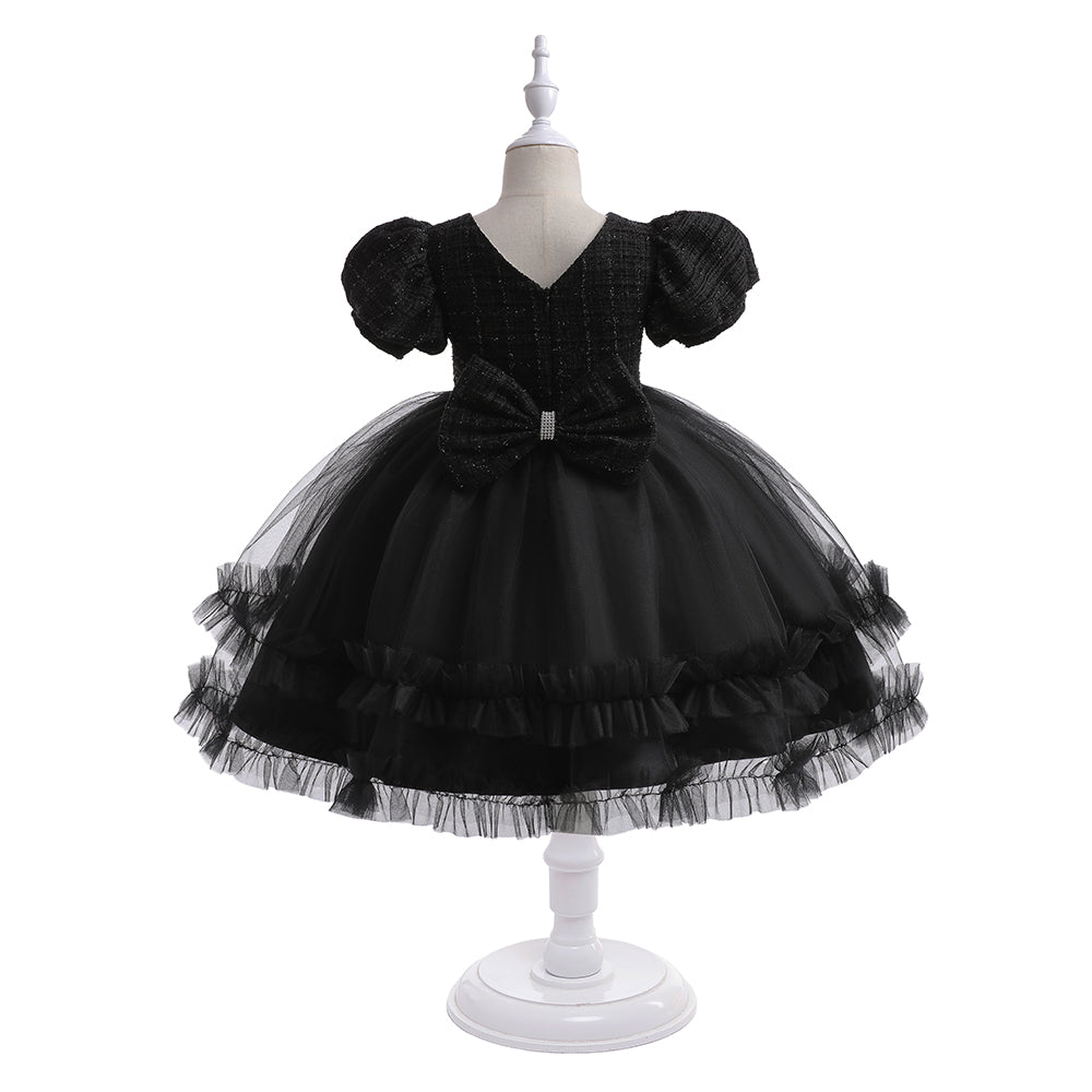 Black & vampire black Embellished Puff Sleeve Ruffled Fit & Flare Dress