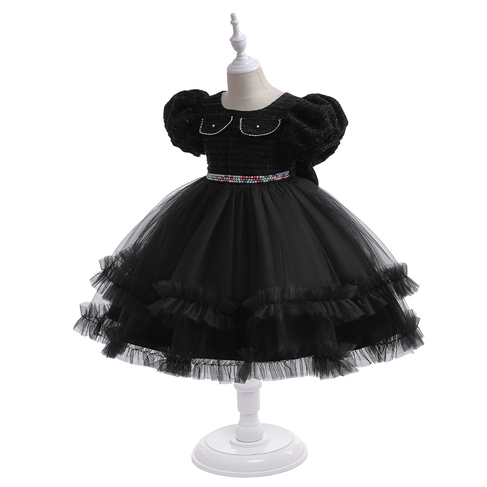 Black & vampire black Embellished Puff Sleeve Ruffled Fit & Flare Dress
