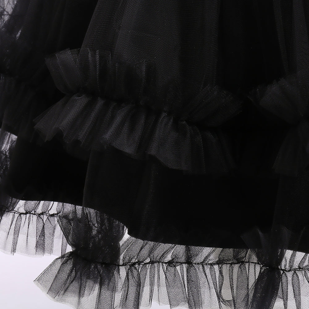 Black & vampire black Embellished Puff Sleeve Ruffled Fit & Flare Dress
