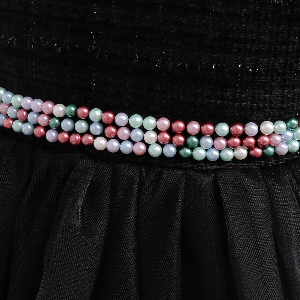 Black & vampire black Embellished Puff Sleeve Ruffled Fit & Flare Dress