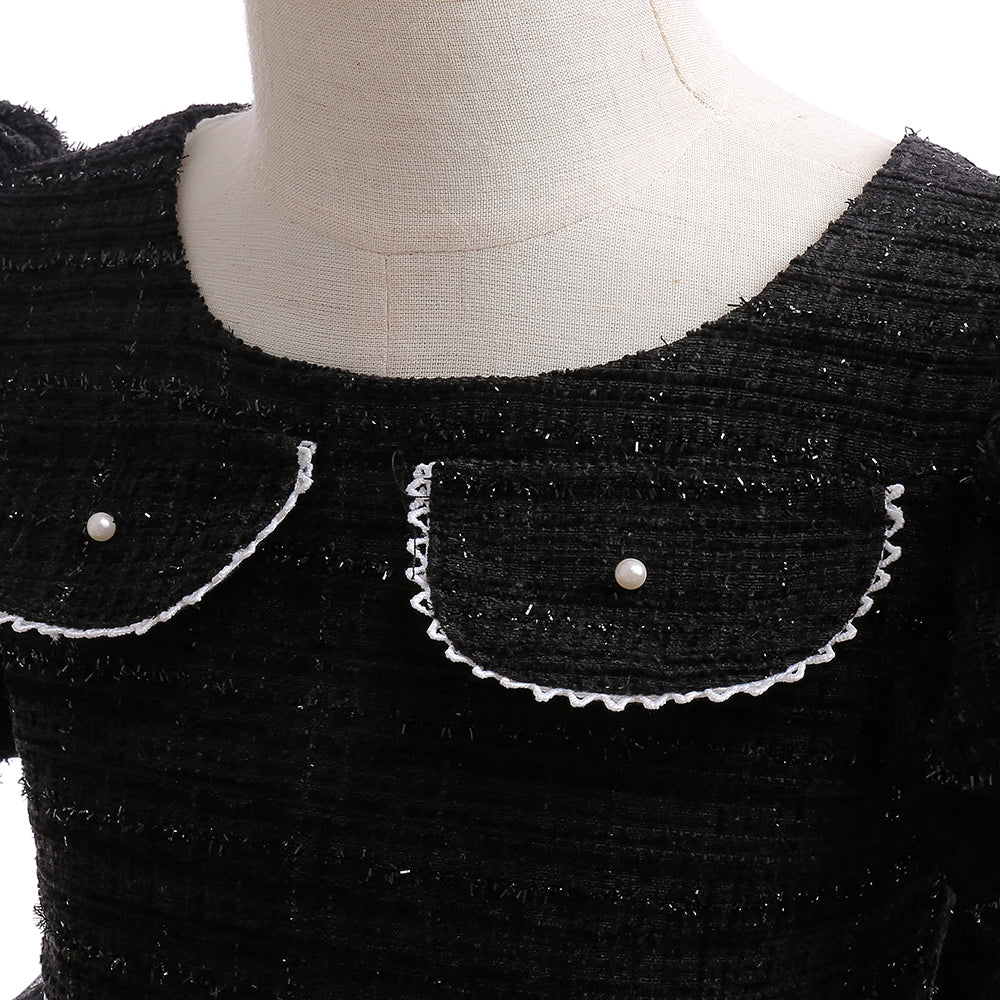 Black & vampire black Embellished Puff Sleeve Ruffled Fit & Flare Dress