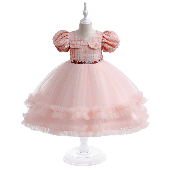 Girls Pink Checked Puff Sleeve Layered Fit & Flare Dress