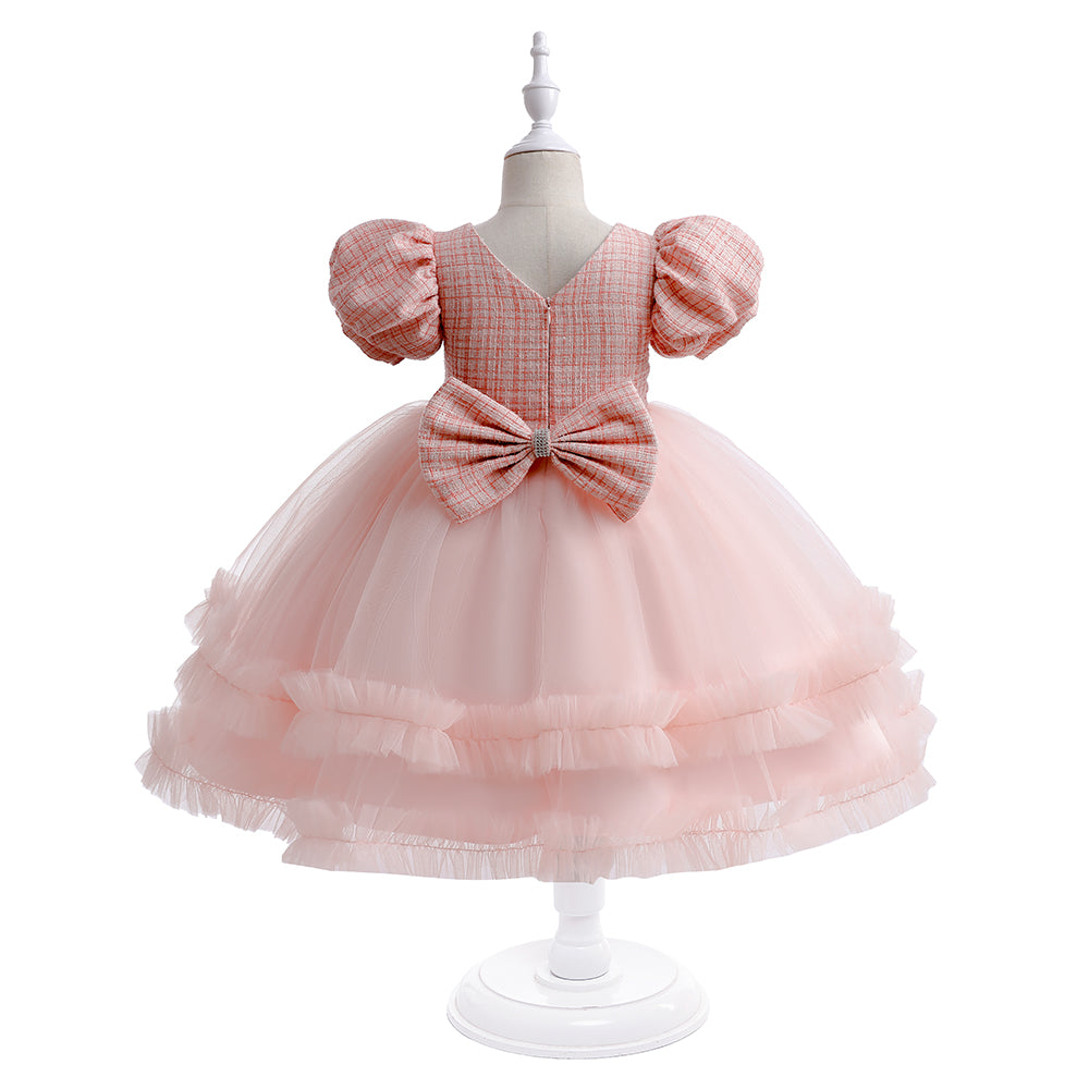 Girls Pink Checked Puff Sleeve Layered Fit & Flare Dress
