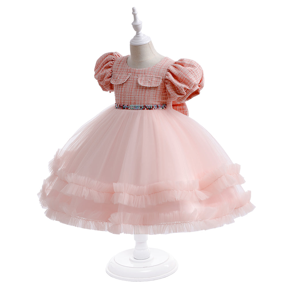 Girls Pink Checked Puff Sleeve Layered Fit & Flare Dress