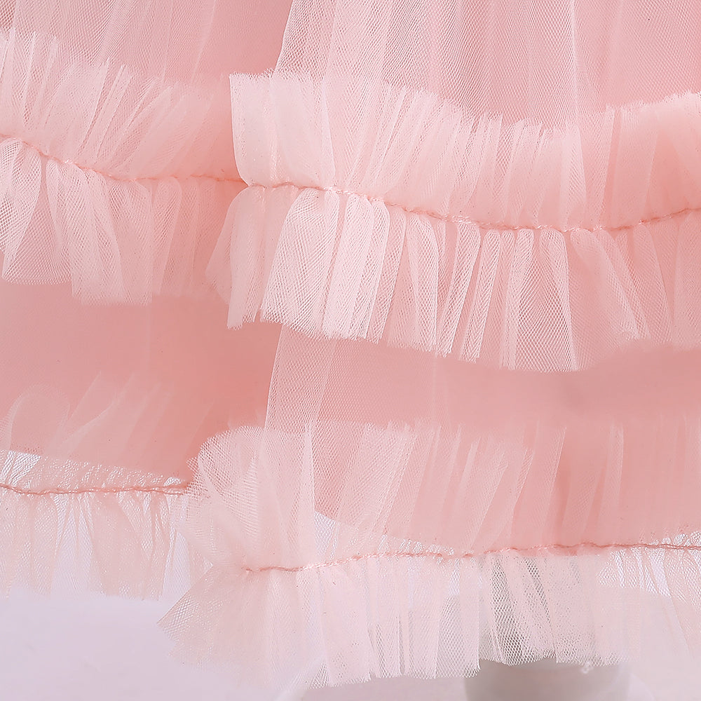 Girls Pink Checked Puff Sleeve Layered Fit & Flare Dress