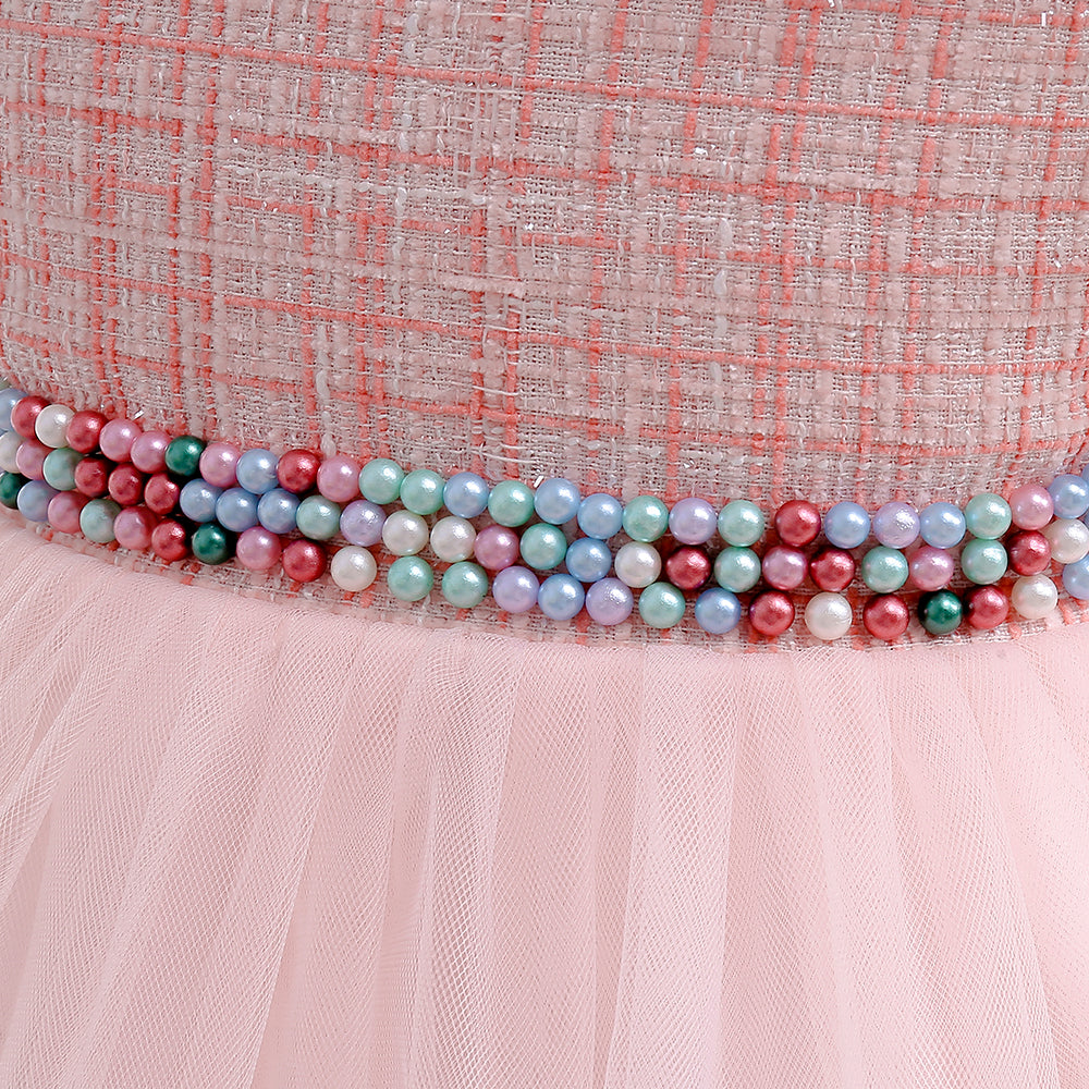 Girls Pink Checked Puff Sleeve Layered Fit & Flare Dress