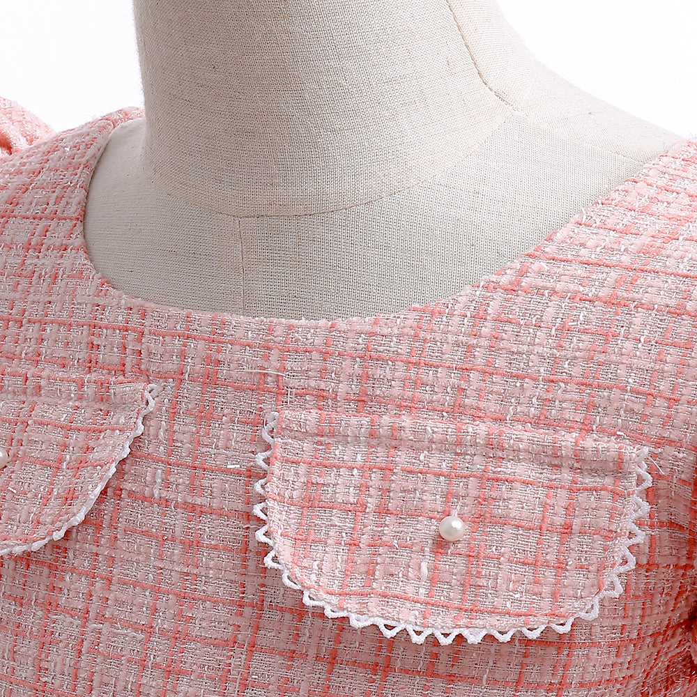 Girls Pink Checked Puff Sleeve Layered Fit & Flare Dress