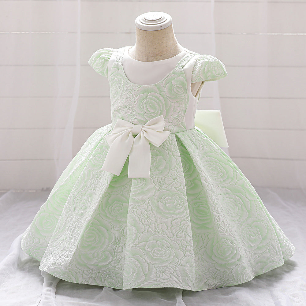 Green Girls Self Design Cap Sleeves Bow Detail Fit & Flare Dress
