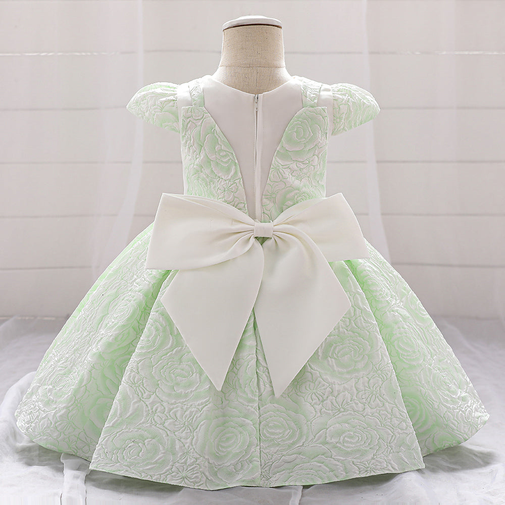 Green Girls Self Design Cap Sleeves Bow Detail Fit & Flare Dress