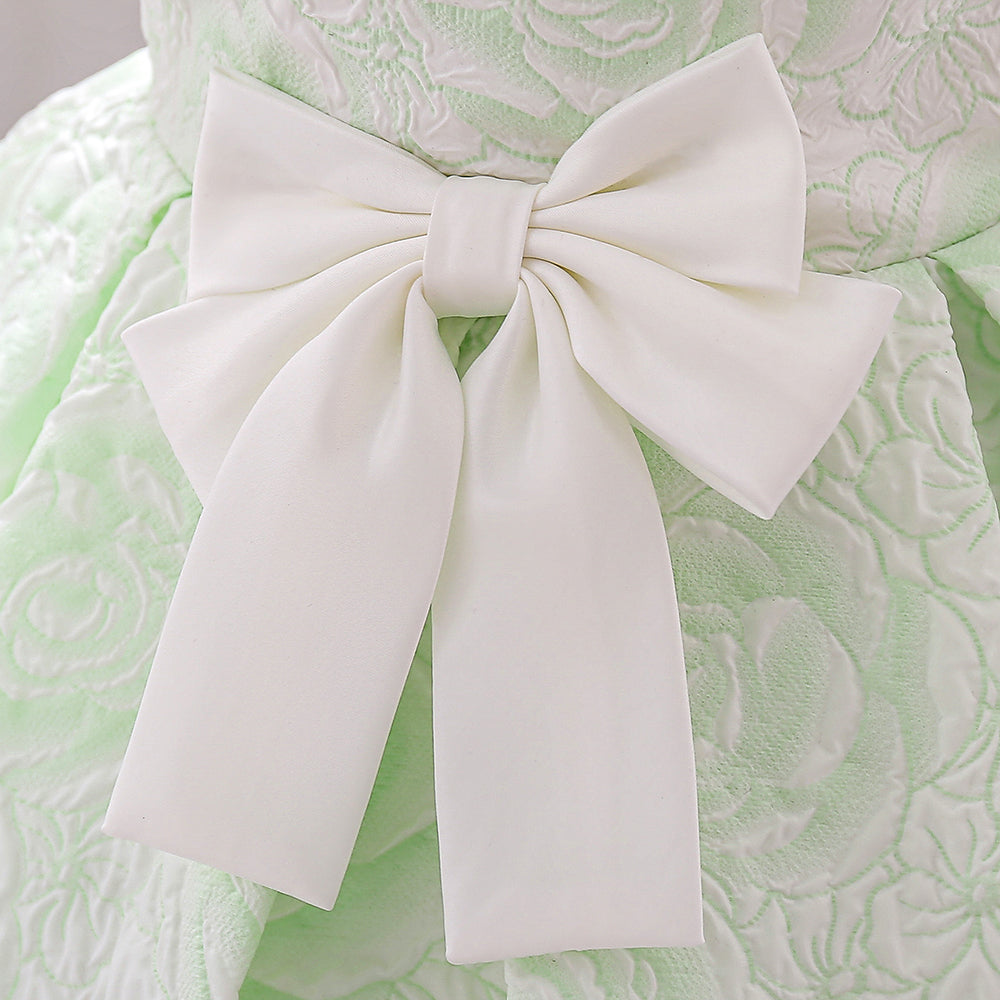 Green Girls Self Design Cap Sleeves Bow Detail Fit & Flare Dress