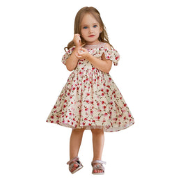 Fuchsia Girls Floral Printed Puff Sleeves Ruffles Detail Balloon Mini Dress
