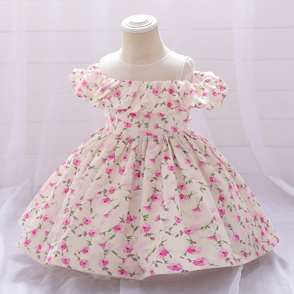 Fuchsia Girls Floral Printed Puff Sleeves Ruffles Detail Balloon Mini Dress