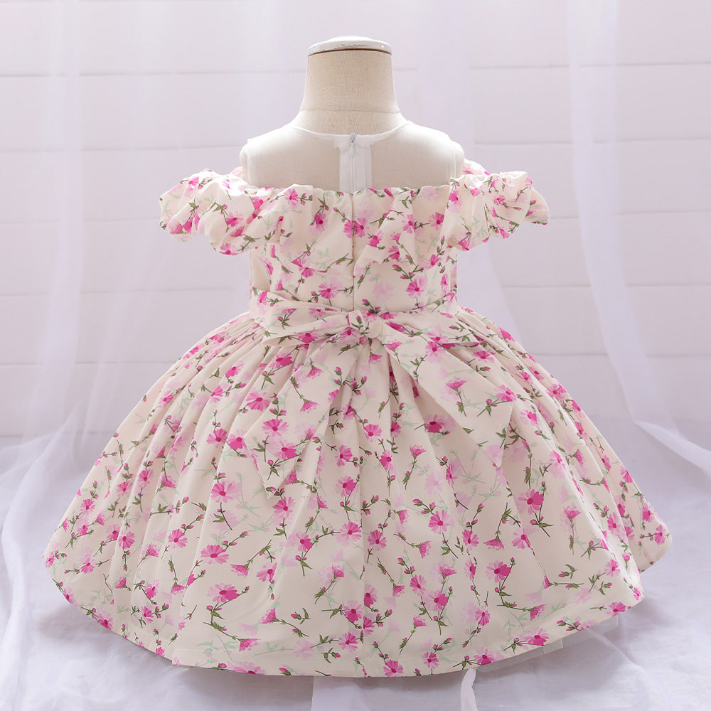Fuchsia Girls Floral Printed Puff Sleeves Ruffles Detail Balloon Mini Dress