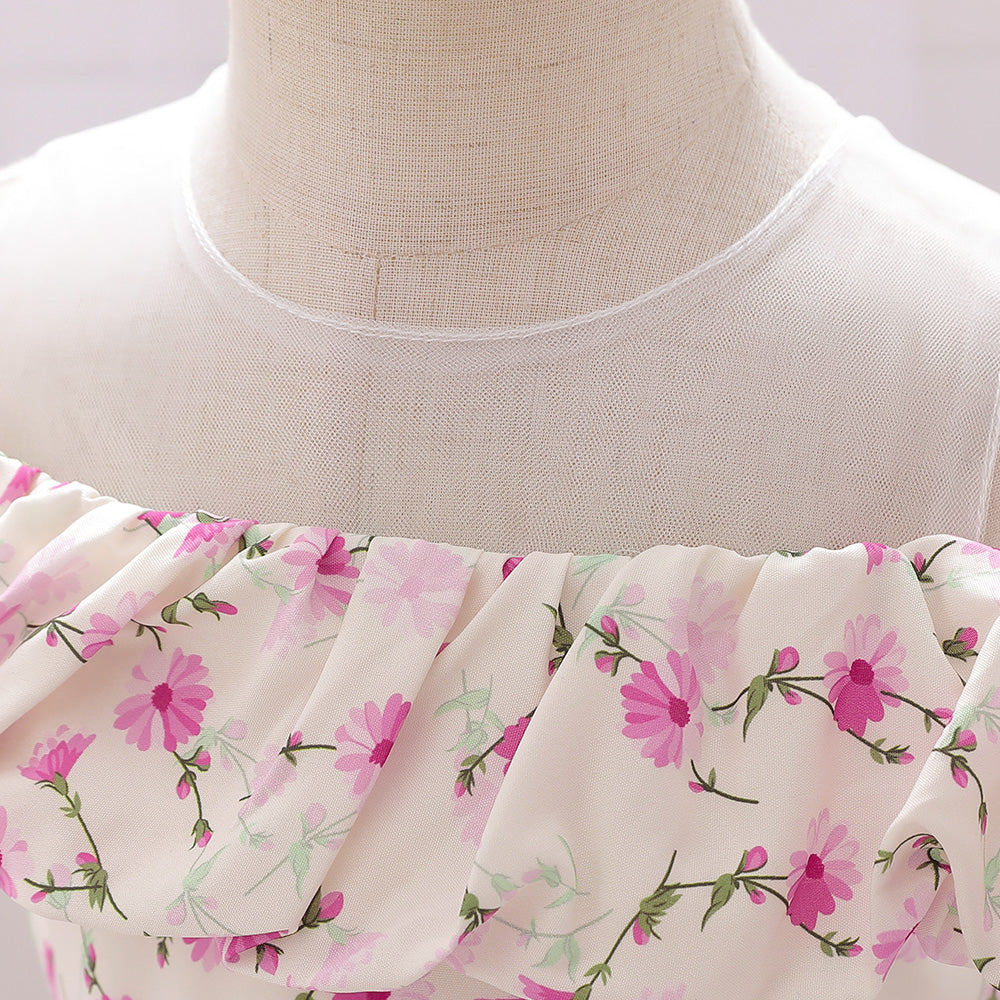 Fuchsia Girls Floral Printed Puff Sleeves Ruffles Detail Balloon Mini Dress