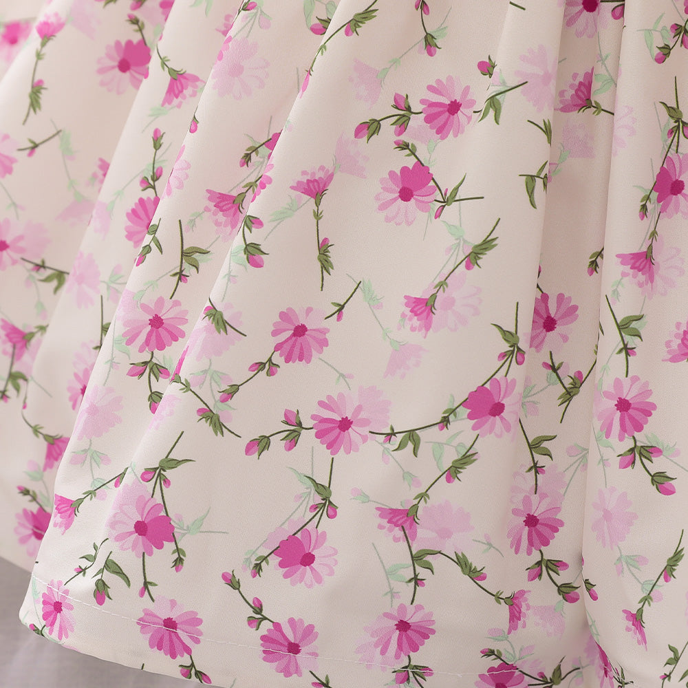 Fuchsia Girls Floral Printed Puff Sleeves Ruffles Detail Balloon Mini Dress
