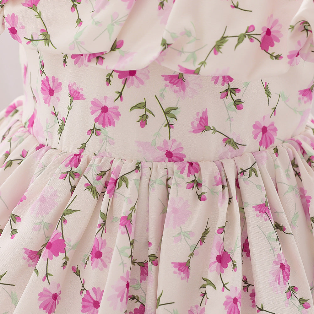 Fuchsia Girls Floral Printed Puff Sleeves Ruffles Detail Balloon Mini Dress