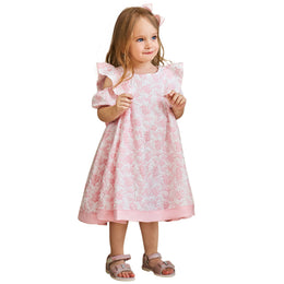 Girls Pink & White Floral Print Cape Sleeve A-Line Mini Dress