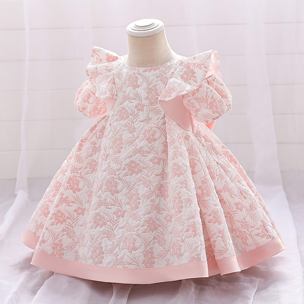 Girls Pink & White Floral Print Cape Sleeve A-Line Mini Dress