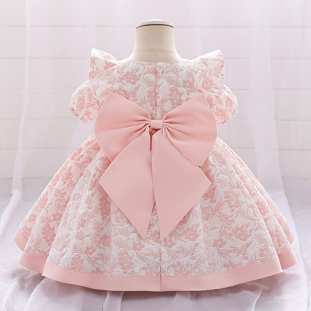 Girls Pink & White Floral Print Cape Sleeve A-Line Mini Dress