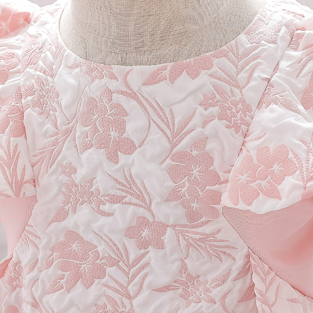 Girls Pink & White Floral Print Cape Sleeve A-Line Mini Dress