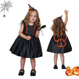 Girls Black Round Neck Bow A-Line Dress