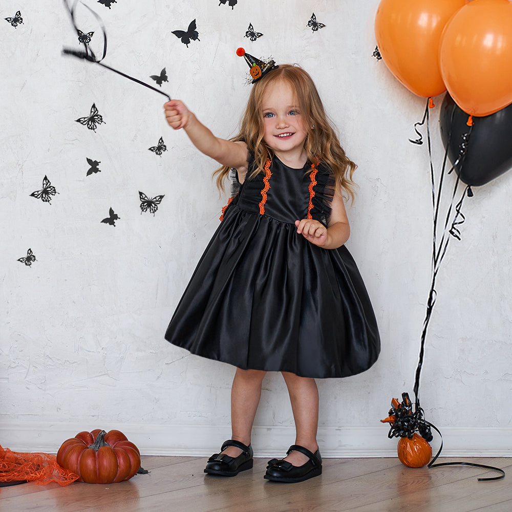 Girls Black Round Neck Bow A-Line Dress