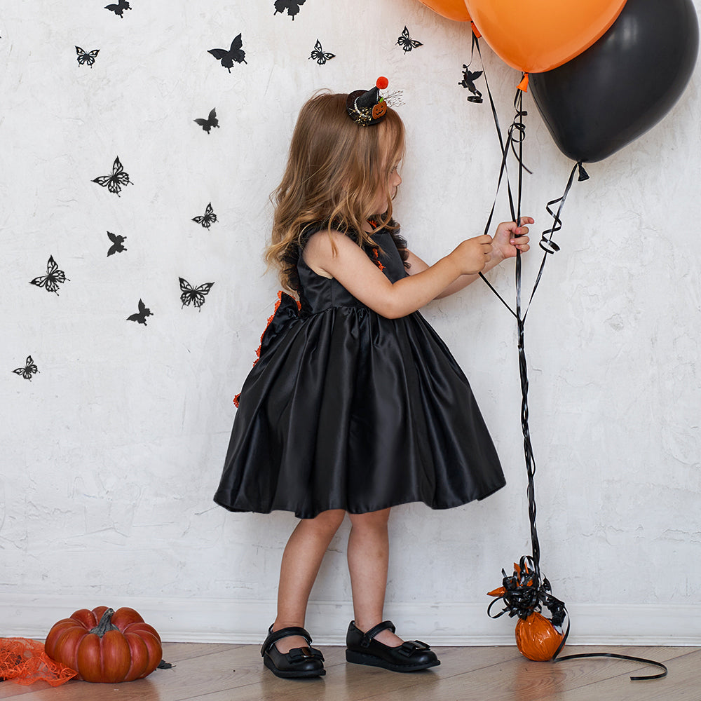 Girls Black Round Neck Bow A-Line Dress