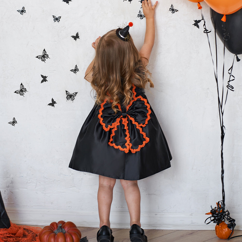Girls Black Round Neck Bow A-Line Dress