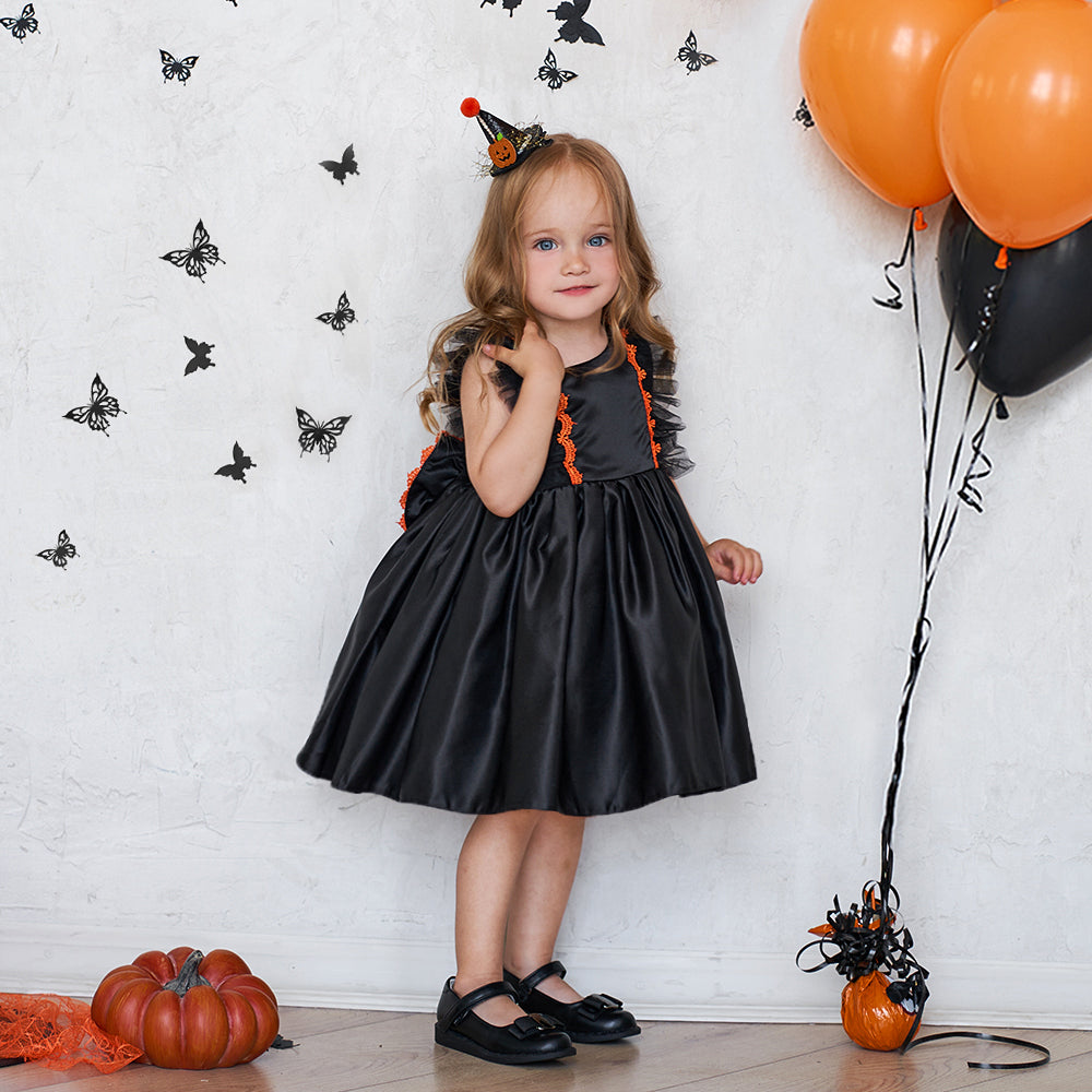 Girls Black Round Neck Bow A-Line Dress