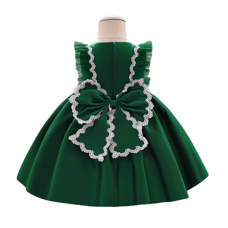 Girls Green Round Neck Bow Fit & Flare Dress