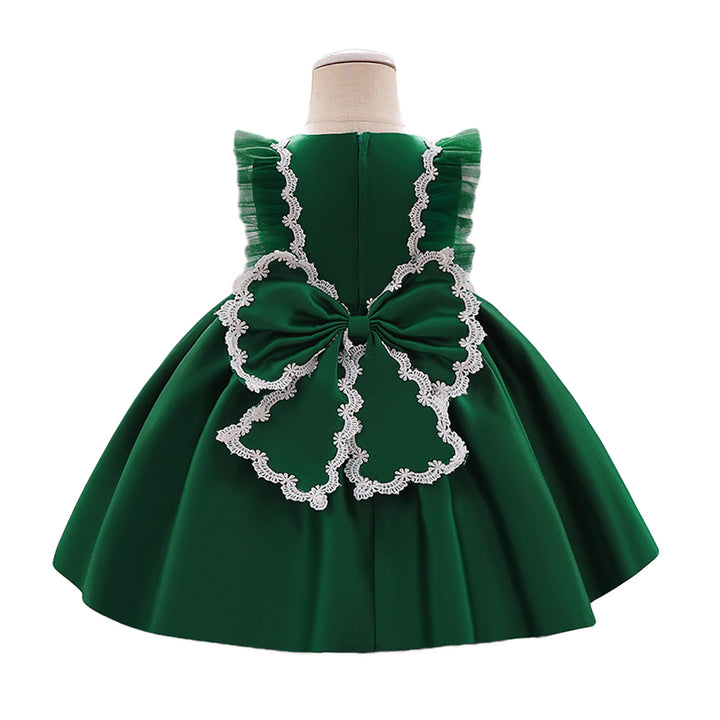 Girls Green Round Neck Bow Fit & Flare Dress