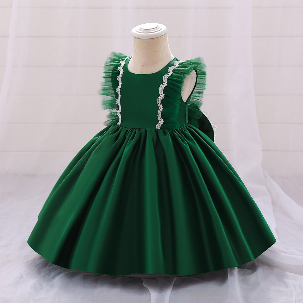 Girls Green Round Neck Bow Fit & Flare Dress