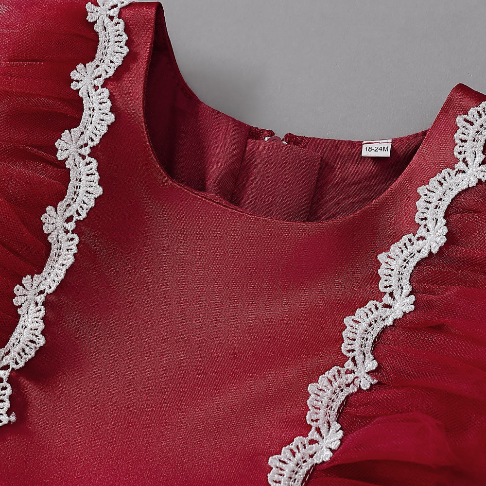 Girls Maroon Ruffled Fit & Flare Dress