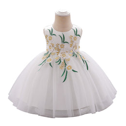 White Infant Girls Floral Embroidered Sleeveless Balloon Dress