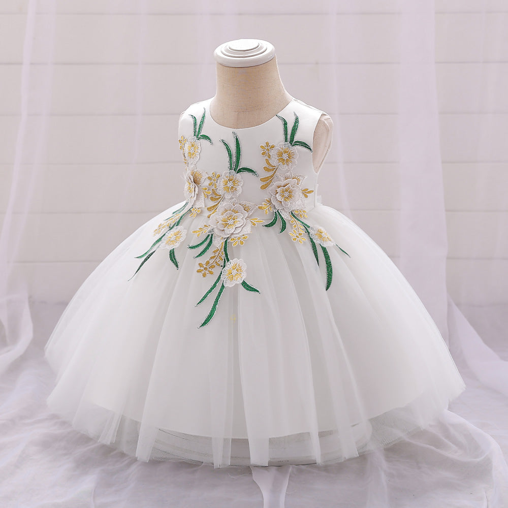 White Infant Girls Floral Embroidered Sleeveless Balloon Dress