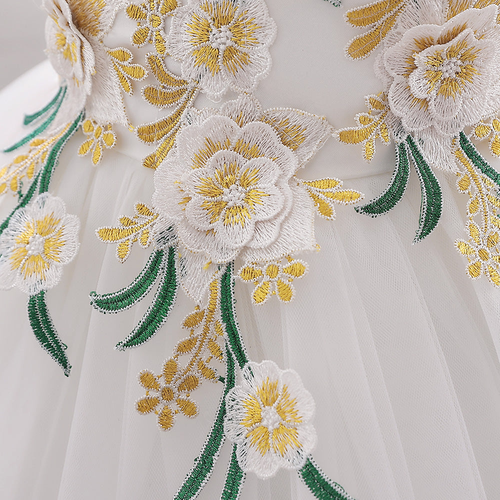 White Infant Girls Floral Embroidered Sleeveless Balloon Dress