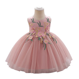 Girls Pink Floral Self Design Gathered Applique Balloon Dress