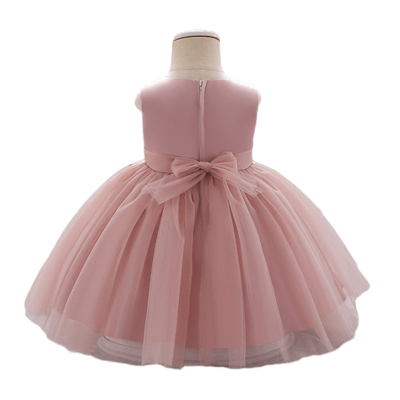 Girls Pink Floral Self Design Gathered Applique Balloon Dress