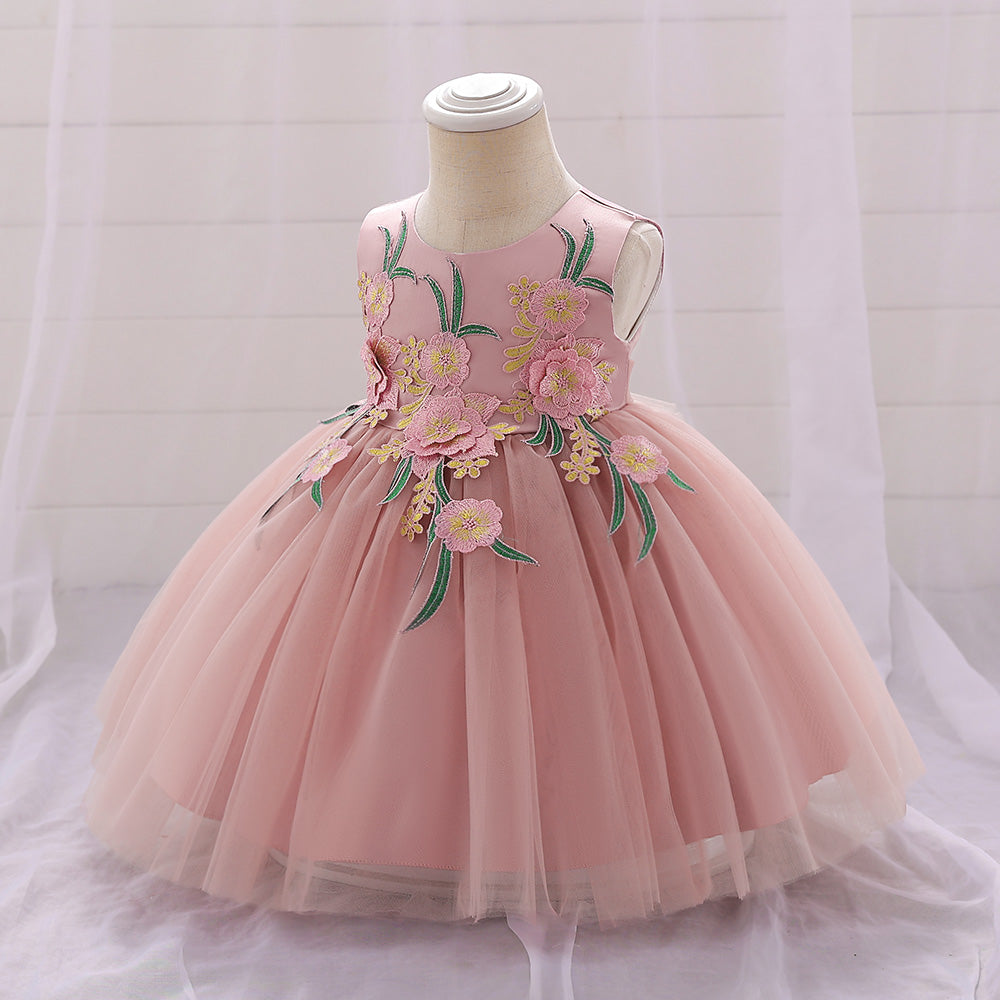 Girls Pink Floral Self Design Gathered Applique Balloon Dress