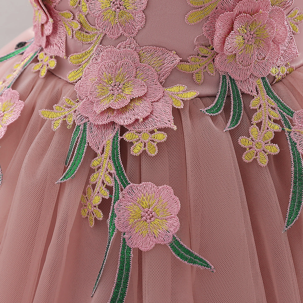 Girls Pink Floral Self Design Gathered Applique Balloon Dress