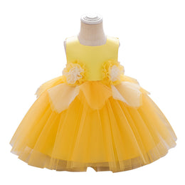 Girls Yellow Round Neck Corsage Balloon Dress